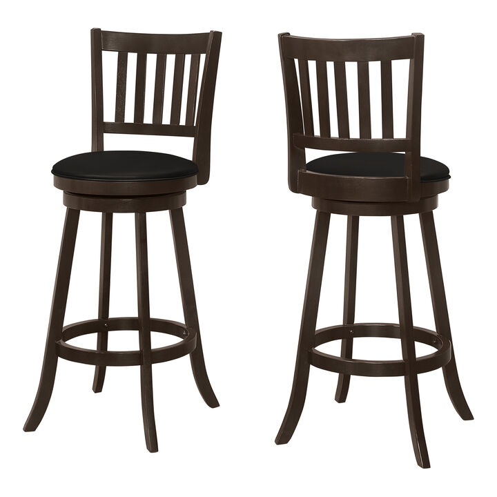 Monarch Specialties I 1236 Bar Stool, Set Of 2, Swivel, Bar Height, Wood, Pu Leather Look, Brown, Black, Transitional