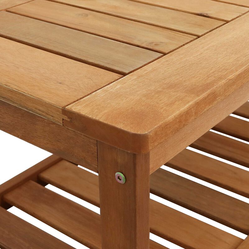 Sunnydaze 35.25 in Meranti Wood Rectangular Patio Coffee Table with Shelf