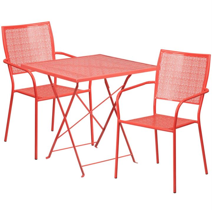 Flash Furniture Oia Commercial Grade 28" Square Coral Indoor-Outdoor Steel Folding Patio Table Set with 2 Square Back Chairs