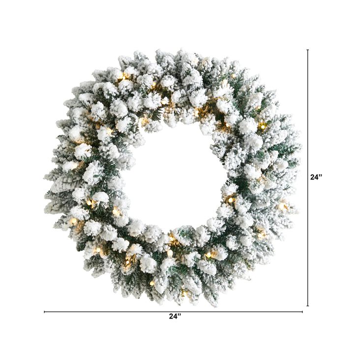 HomPlanti 24" Flocked Artificial Christmas Wreath with 160 Bendable Branches and 35 Warm White LED Lights
