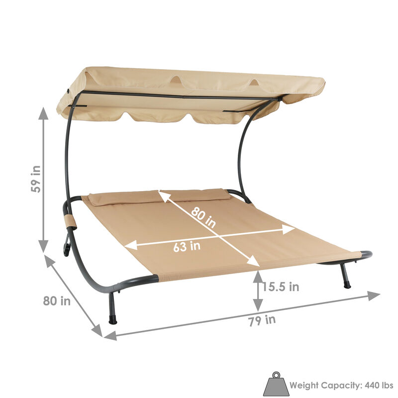 Sunnydaze Modern Fabric Double Chaise Lounge Bed with Canopy - Beige