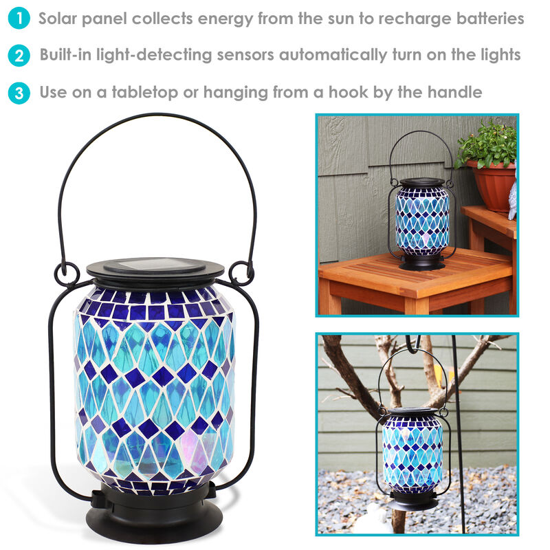 Sunnydaze Cool Blue Mosaic Glass Outdoor Solar LED Lantern - 8 in