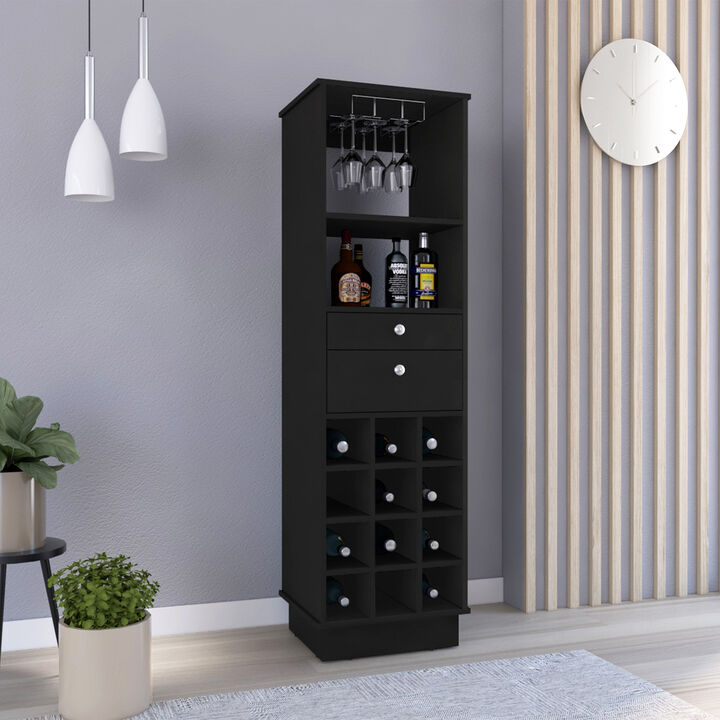 DEPOT E-SHOP Zircon Bar Cabinet, Twelve Built-in Wine Rack, Two Drawers, Black