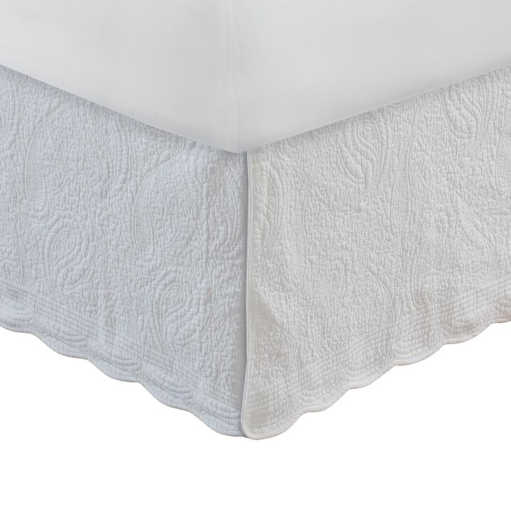 Muka Paisley Quilted King Bed Skirt, Cotton Drop, Polyester Platform, Ivory - Benzara