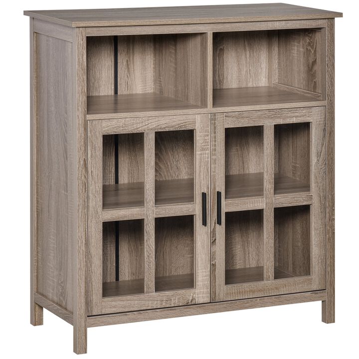 Accent Sideboard Serving Buffet Storage Cabinet with 2 Cubbyholes, Glass Door and Adjustable Shelf, Oak