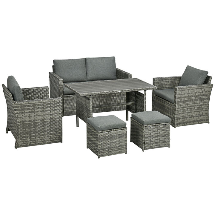 Outsunny 6 Piece Patio Dining Set, PE Rattan Furniture Set with 2 Chairs Cushions & Outdoor Loveseat Sofa, Woodgrain Slatted Dinner Table, Gray