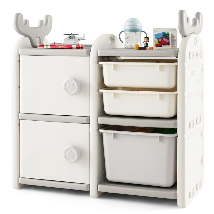 Toy Chest and Bookshelf for Toddlers with Enclosed Cabinets and Pull-out Drawers
