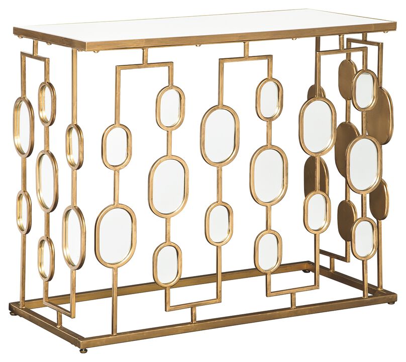 Metal and Glass Console Table with Oval Mirror Accents, Gold-Benzara