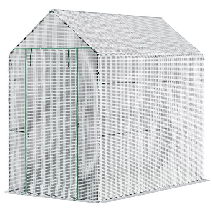 Outsunny 47.25" x 73.25" x 74.25" Walk-in Greenhouse, Outdoor Portable Plant Flower Growing Warm House with Roll-up Door and 4 Shelves, White