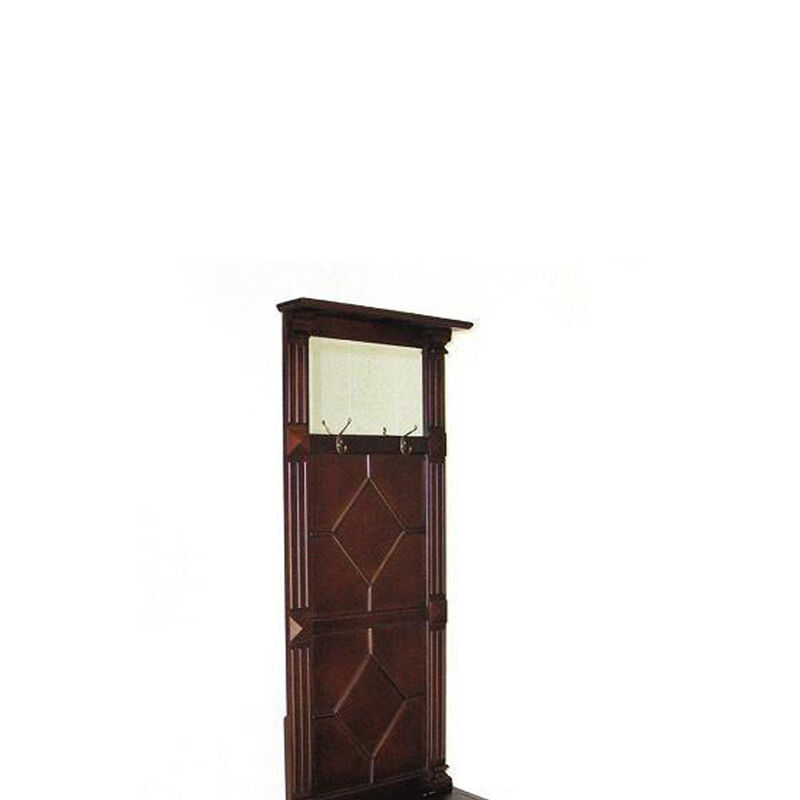 Molded Wooden Frame Hall Tree with Lift Top Box and Mirror Insert, Brown-Benzara
