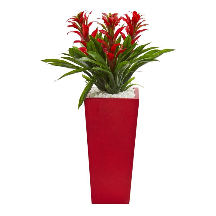 HomPlanti Triple Bromeliad Artificial Plant in Red Planter