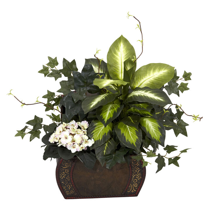 HomPlanti African Violet, Dieffenbachia & Ivy w/Chest Silk Plant