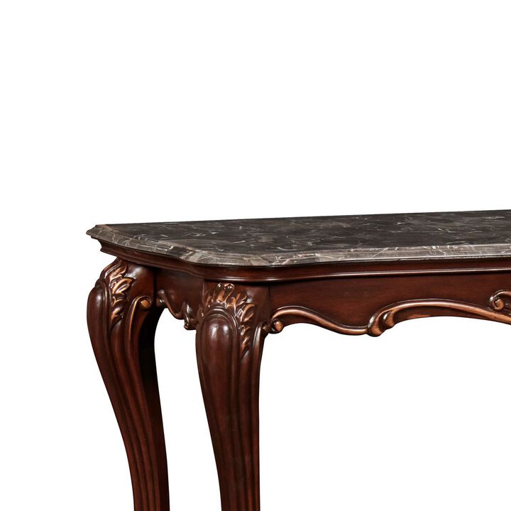 Wooden Console Table with Marble Top and Carved Details, Gray and Brown-Benzara