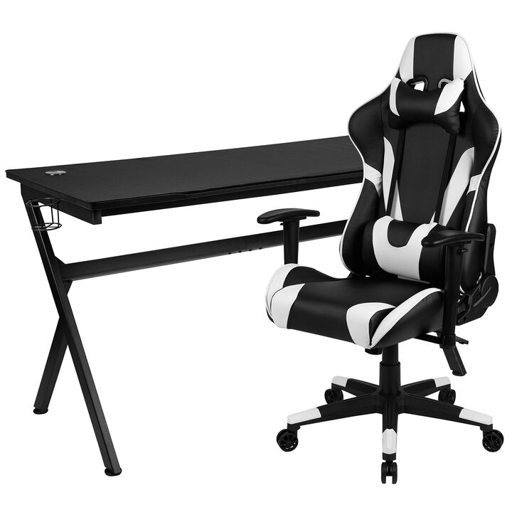Flash Furniture Gaming Desk and Black Reclining Gaming Chair Set /Cup Holder/Headphone Hook/Removable Mouse Pad Top - Wire Management