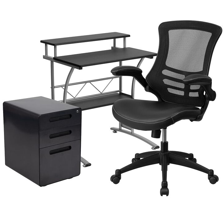 Flash Furniture Work From Home Kit - Black Computer Desk, Ergonomic Mesh/LeatherSoft Office Chair and Locking Mobile Filing Cabinet