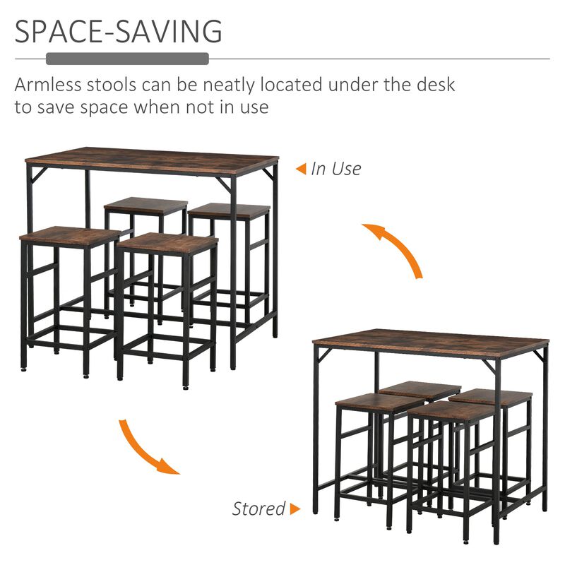 5-Piece Industrial Dining Table Set, Bar Table & 4 Stools Set, Space Saving for Pub & Kitchen, Rustic Brown/Black