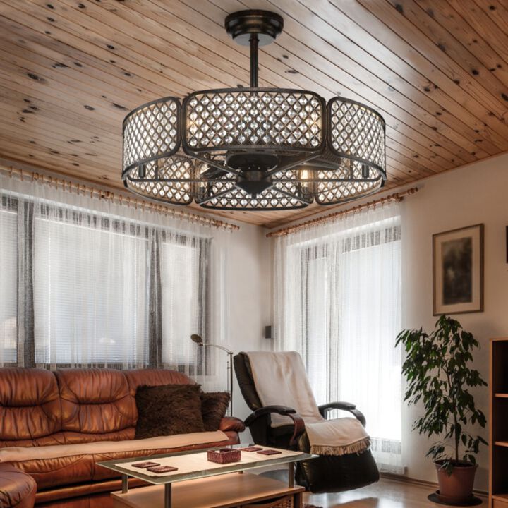 Caged Ceiling Fan With Light Crystal Lampshade 6 Light Bases