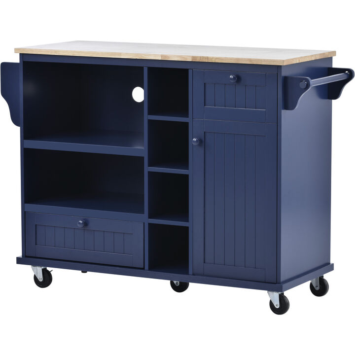 Kitchen Island Cart with Storage Cabinet and Two Locking Wheels, Solid wood desktop, Microwave cabinet, Floor Standing Buffet Server Sideboard for Kitchen Room, Dining Room, Bathroom(Dark blue)