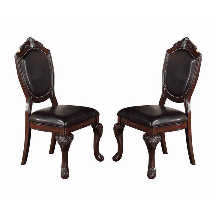 Traditional Rubber Wood Dining Chair With Faux Leather Upholstery , Set Of 2,Brown-Benzara