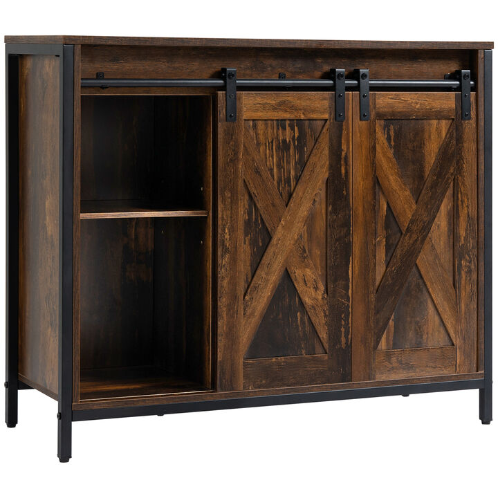 HOMCOM Industrial Sideboard Buffet Cabinet, Coffee Bar Cabinet, Kitchen Cabinet with Sliding Barn Doors, Storage Cabinets and Adjustable Shelves for Living Room, Home Bar, Rustic Brown