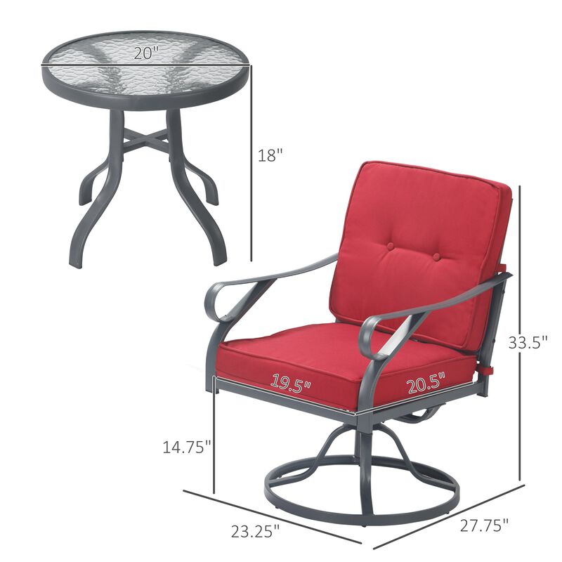 3 Pieces Outdoor Swivel Bistro Set, 2 Rocker Chairs and 1 Round Tempered Glass Table with Cushion, Yard, Lawn Furniture, Red