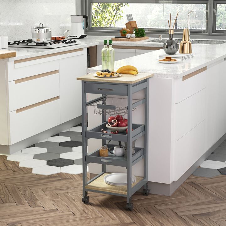 Mobile Rolling Kitchen Island Trolley Serving Cart with Underneath Drawer & Slide-Out Wire Storage Basket, Grey