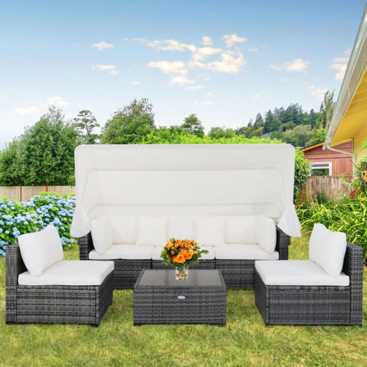 Hivvago 6 Pieces Patio Rattan Furniture Set with Retractable Canopy