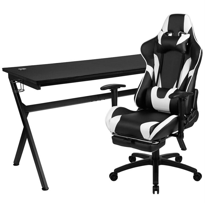 Flash Furniture Optis Gaming Desk and Black Footrest Reclining Gaming Chair Set - Cup Holder/Headphone Hook/Removable Mouse Pad Top/Wire Management