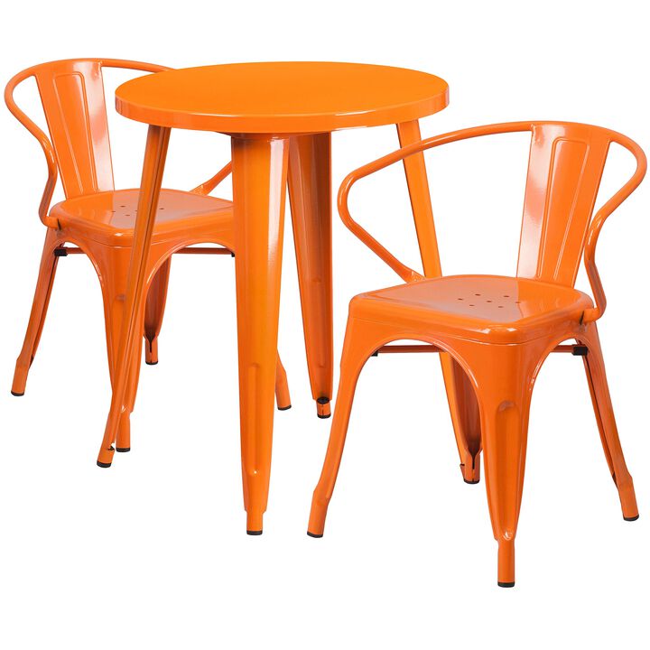 Flash Furniture Napoleon Commercial Grade 24" Round Orange Metal Indoor-Outdoor Table Set with 2 Arm Chairs