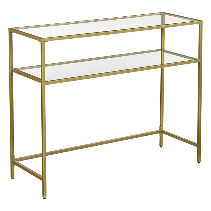 Kin 39 Inch Sofa Console Table, Metal Frame, Tempered Glass Shelves, Gold-Benzara