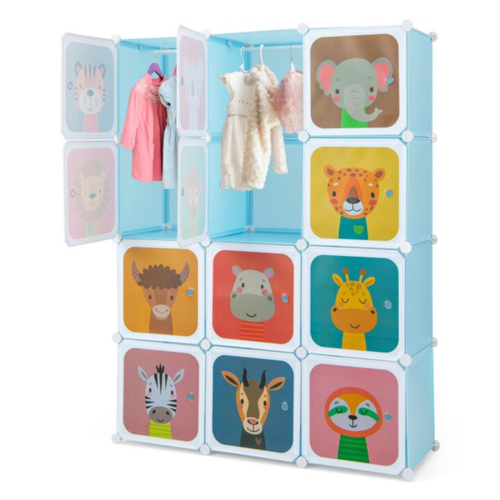 Hivvago 12 Cube Kids Wardrobe Closet with Hanging Section and Doors