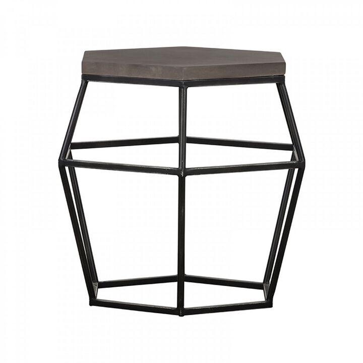 Hexagonal Concrete End Table with Metal Base, Gray and Black-Benzara