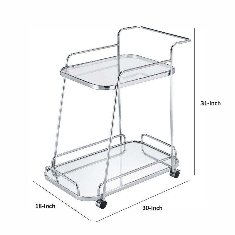 Clear Glass 2-Tier Serving Cart With Chrome Finish-Benzara