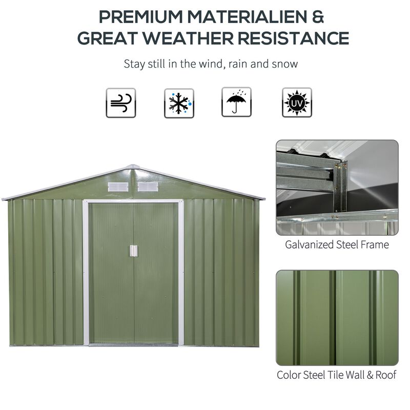 9' x 6' Metal Storage Shed Garden Tool House with Double Sliding Doors, 4 Air Vents for Backyard, Patio, Lawn Green