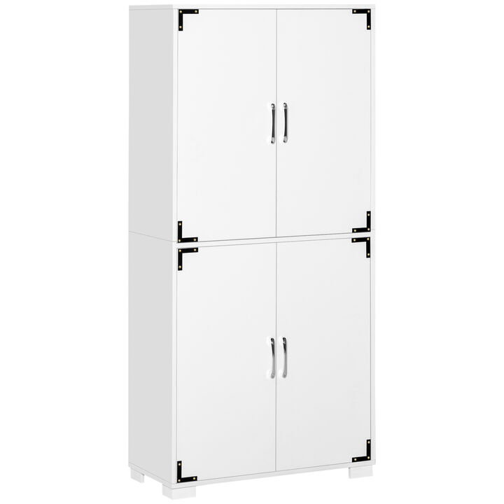 HOMCOM Industrial Kitchen Pantry Cabinet with 4 Doors and Storage Shelves, Freestanding Storage Cabinet, White