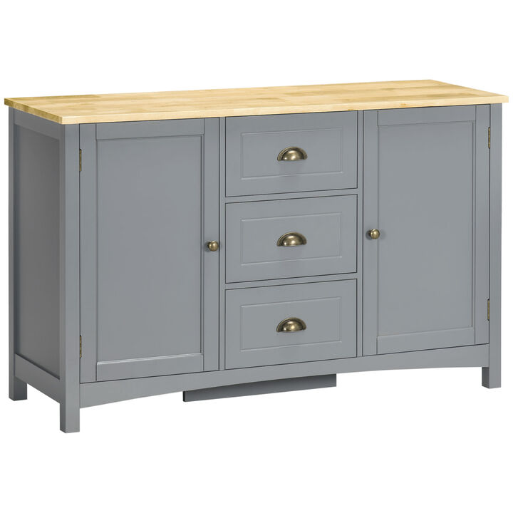 HOMCOM Sideboard Buffet Cabinet, Retro Kitchen Cabinet, Coffee Bar Cabinet with Rubber Wood Top, Drawers, Adjustable Shelves for Living Room, Entryway, Gray