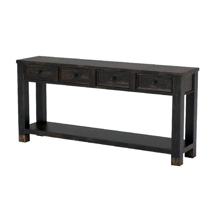 Sofa Table with 4 Drawers and Thick Block Legs, Antique Black-Benzara