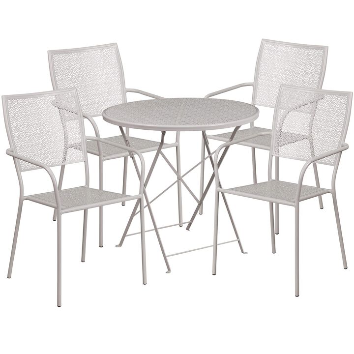 Flash Furniture Oia Commercial Grade 30" Round Light Gray Indoor-Outdoor Steel Folding Patio Table Set with 4 Square Back Chairs