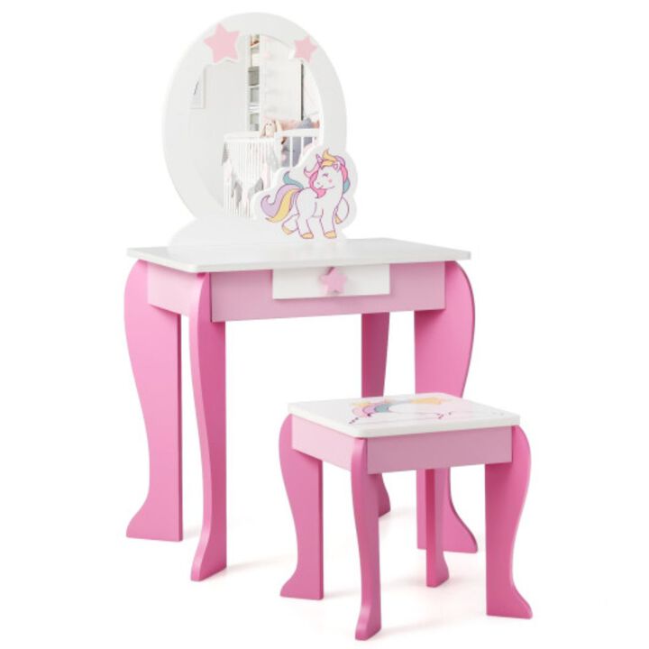 Kids Wooden Makeup Dressing Table and Chair Set with Mirror and Drawer-Pink