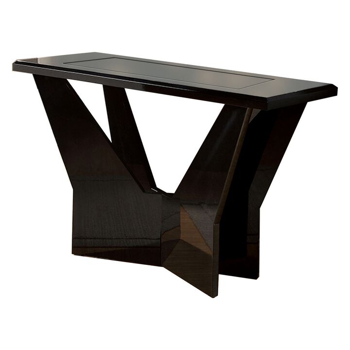Pera 47 Inch Sofa Console Table, Glass Insert Surface, Geometric, Black-Benzara
