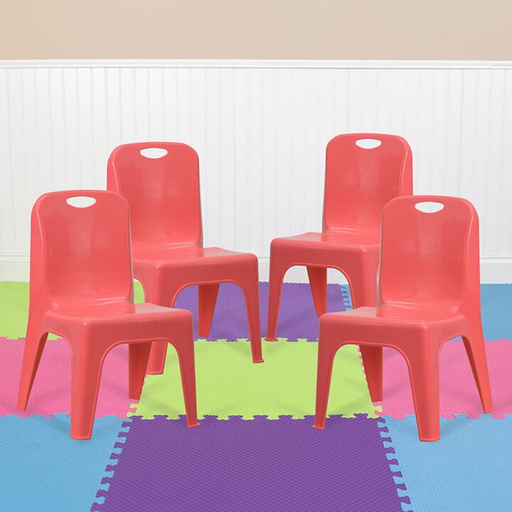 Flash Furniture Whitney 4 Pack Red Plastic Stackable School Chair with Carrying Handle and 11'' Seat Height
