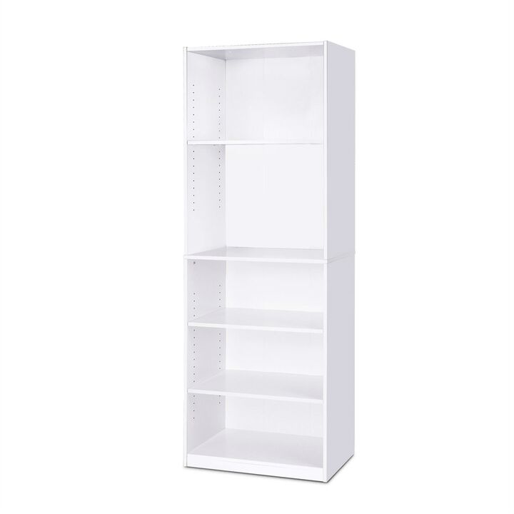 QuikFurn Modern 5-Shelf Bookcase in White Wood Finish