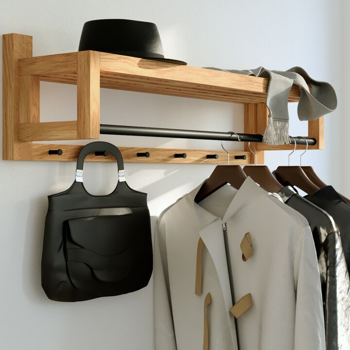 Oak Hardwood Floating Coat Rack - Wall Mounted with Shelf, Black Metal Rail and 6 Hooks