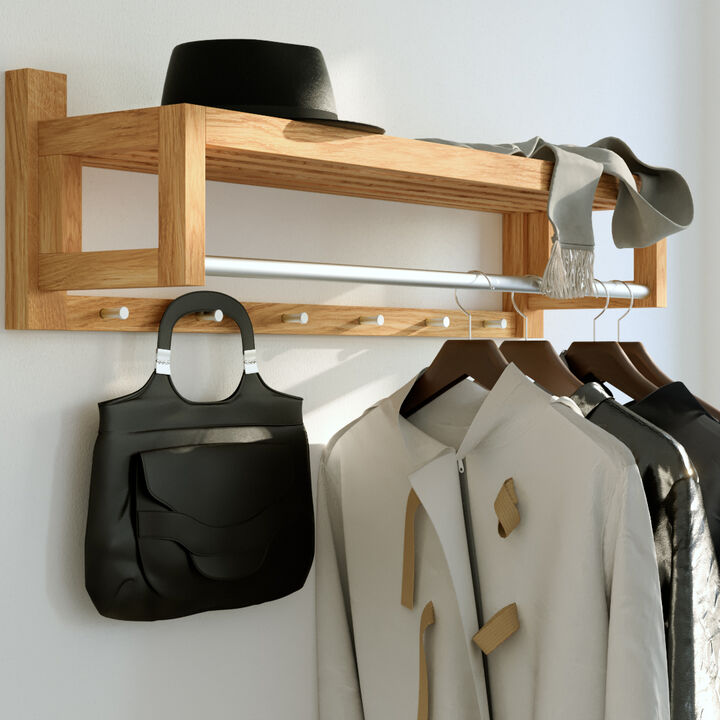 Oak Hardwood Floating Coat Rack - Wall Mounted with Shelf, Gray Metal Rail and 6 Hooks