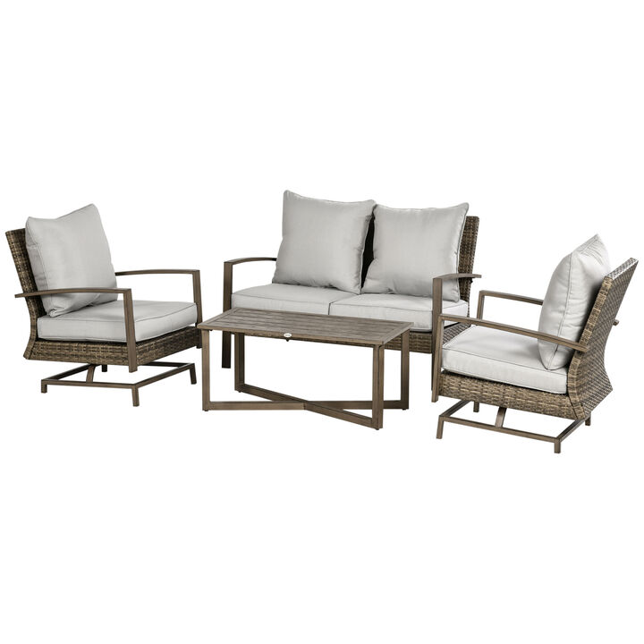 Outsunny 4 Piece Wicker Patio Furniture Set with 2 Rocking Chairs, Loveseat Sofa, Outdoor PE Rattan Conversation Set with Cushions, Aluminum Table for Porch, Poolside, Light Gray