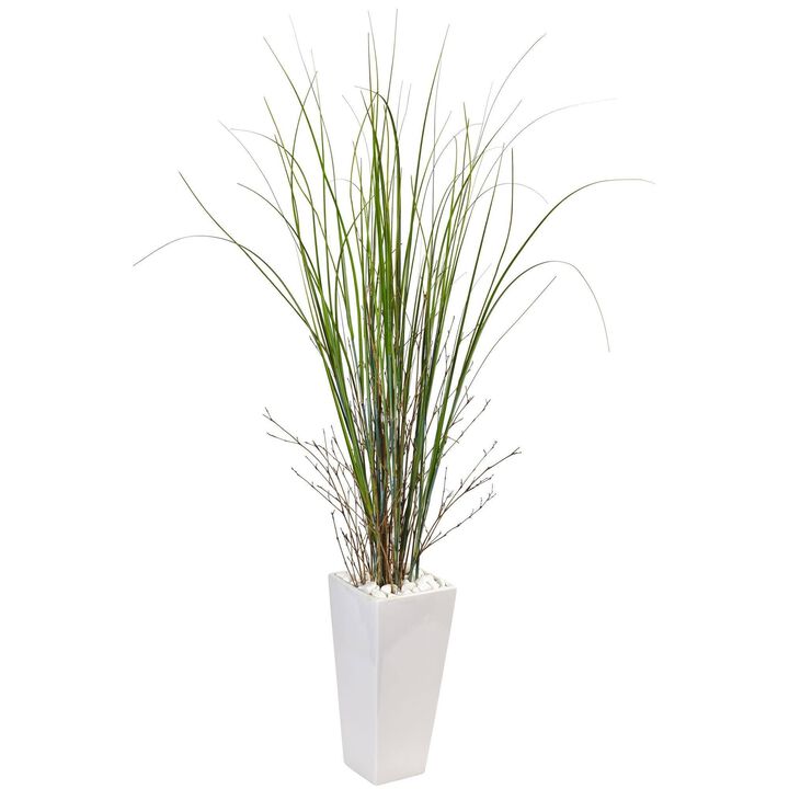 Nearly Natural 58-in Bamboo Grass in White Tower Planter