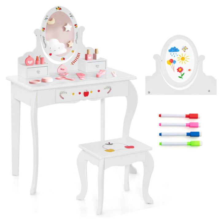 Hivvago Kids Vanity and Stool Set with 360Â° Rotatable Mirror and Whiteboard-White