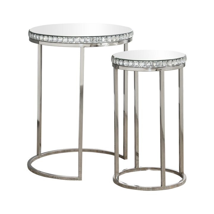24 Inch Nesting Accent Tables, Mirrored Gemstone Trim, Set of 2, Silver-Benzara