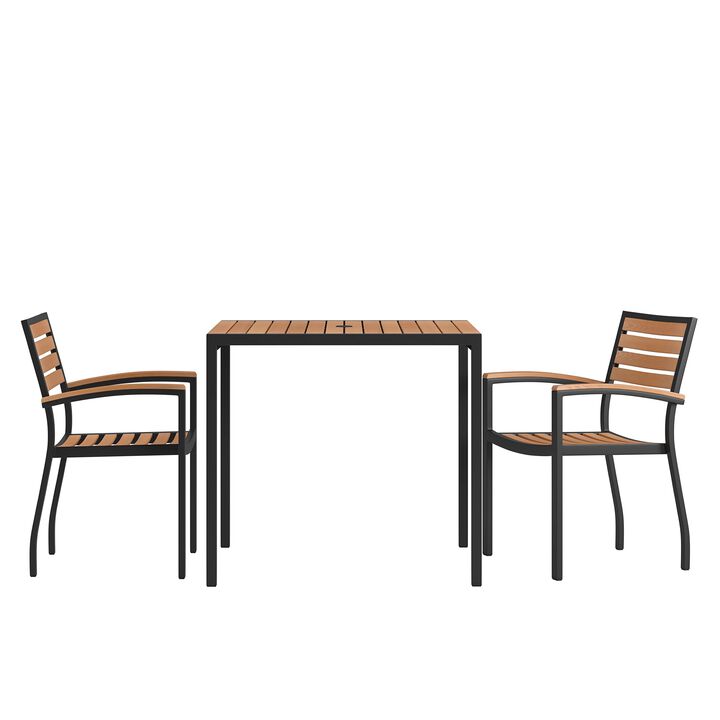 Flash Furniture 3 Piece Outdoor Dining Table Set - Synthetic Teak Poly Slats - 35" Square Steel Framed Table with Umbrella Holder Hole - 2 Stackable Club Chairs