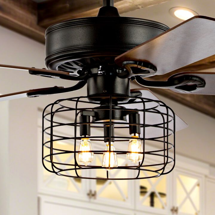 Asher 52" 3-Light Industrial Metal/Wood LED Ceiling Fan With Remote, Forged Black